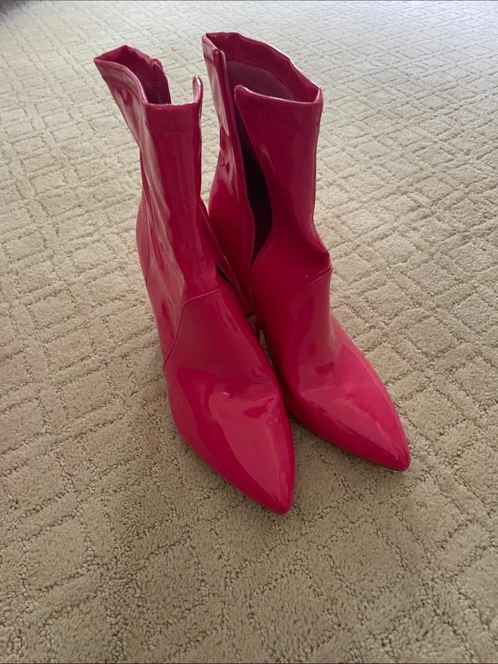 Patent Pointed-Toe Mid-Calf Boots in Hot Pink